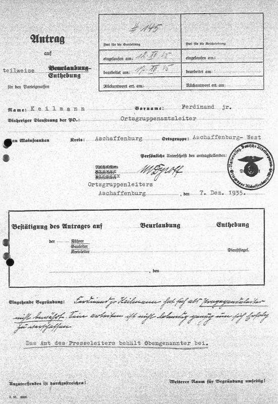 Antrag auf teilweise Amtsenthebung von einem Parteiamt in der NSDAP