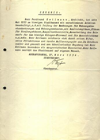 Arbeitszeugnis der Stadt Aschaffenburg für Ferdiand Keilmann 1936